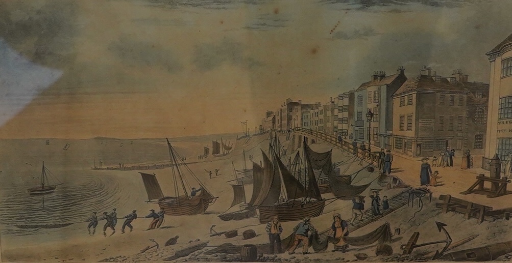 19th century, two colour engravings, Brighton views comprising ‘Part of the Western Esplanade’ and ‘East Cliff, Brighton, Storm approaching’, published by C & R Sigmore, largest 19 x 29cm. Condition - fair